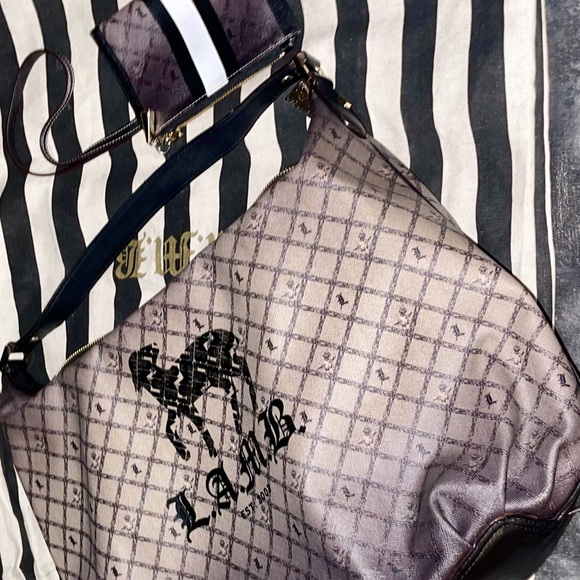 L.A.M.B. Gwen Stefani Black Leather & Canvas Tote Bag w/ Wallet. Vintage Y2K - Picture 9 of 16